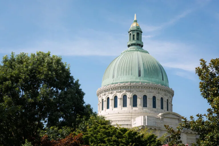 Domed building with green roof surrounded by trees