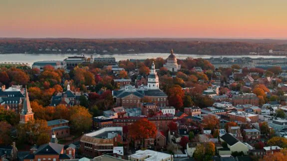 Aerial view of Annapolis with autumn trees and waterfront